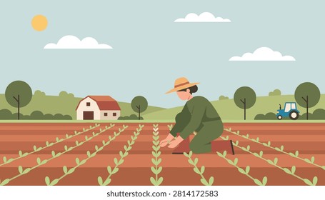 Dedicated farmer wearing a straw hat kneels in a large muddy field of green sprouts under a bright sunny sky.
