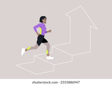 A dedicated female athlete ascends a series of stylized steps, embodying the journey of progress and determination in a colorful and dynamic urban environment, showcasing athletic prowess