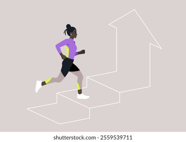 A dedicated female athlete ascends a series of stylized steps, embodying the journey of progress and determination in a colorful and dynamic urban environment, showcasing athletic prowess