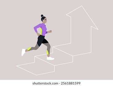 A dedicated female athlete ascends a series of stylized steps, embodying the journey of progress and determination in a colorful and dynamic urban environment, showcasing athletic prowess