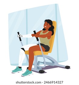 Dedicated Female Athlete With A Prosthetic Leg and Arm Exercising On A Resistance Machine In A Gym. Vector Scene of Determination And Inclusivity Highlights Her Strength And Commitment To Fitness