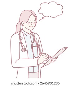 Uma médica dedicada revê suas anotações clínicas, mostrando cuidados e profissionalismo em todos os detalhes