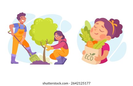 Dedicated gardeners engage in planting trees while also harvesting their own fresh vegetables