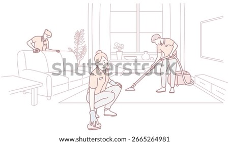 A dedicated group of skilled professional cleaners diligently maintaining a tidy, contemporary living space