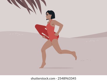 A dedicated lifeguard rushes across the warm sand, clutching a bright rescue float, ready to assist beachgoers enjoying their day by the water under a clear sky