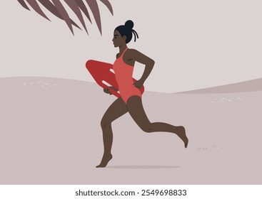 A dedicated lifeguard rushes across the warm sand, clutching a bright rescue float, ready to assist beachgoers enjoying their day by the water under a clear sky