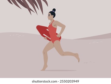 A dedicated lifeguard rushes across the warm sand, clutching a bright rescue float, ready to assist beachgoers enjoying their day by the water under a clear sky