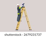 A dedicated manual worker balances confidently on a ladder, wielding an electric drill to complete a task, The brightly lit environment highlights their focus and commitment to quality craftsmanship.