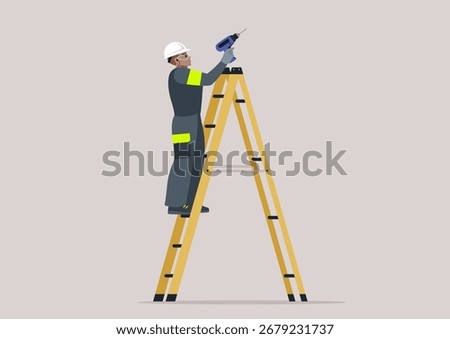 A dedicated manual worker balances confidently on a ladder, wielding an electric drill to complete a task, The brightly lit environment highlights their focus and commitment to quality craftsmanship.