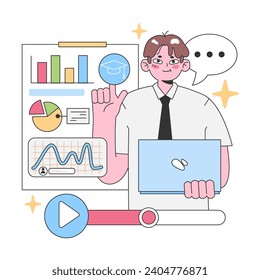 Dedicated office worker presenting detailed data analytics on charts, emphasizing education with a graduation cap, while interactively engaged with his laptop. Flat vector illustration