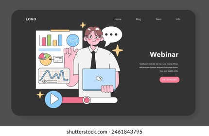 Dedicated office worker presenting detailed data analytics on charts, emphasizing education with a graduation cap, while interactively engaged with his laptop. Flat vector illustration