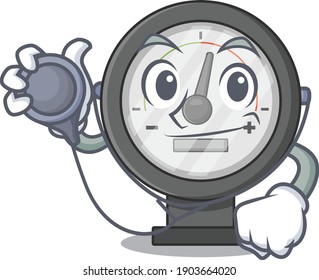 A dedicated pressure gauge doctor caricature design working with tools