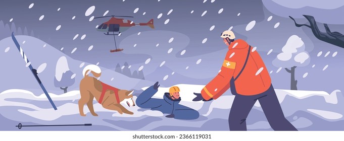 Dedicated Rescuer And His Dog Characters Helping To Skier Stuck In Snow During Dangerous Blizzard Natural Disaster