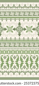 Dedicated Rich Pattern Green Olive Khaki Embroidery Hand Draw on Beige Background. Luxury Border Stripe Seamless Vector Lily Florals Leaves for Elegance decoration. Exquisite Royal Silk, Haute Couture