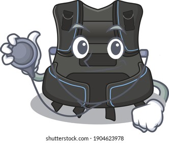 A dedicated scuba buoyancy compensator doctor caricature design working with tools