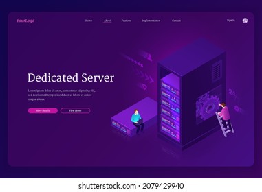 Dedicated server banner. Internet hosting service with private access to hardware, data storage and network in datacenter. Vector landing page with isometric people in data center with servers on rack