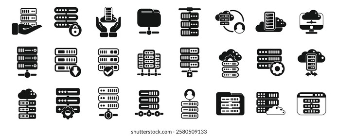  Dedicated server icons set. Hosting and cloud storage icons depicting data centers, servers, and cloud computing services, emphasizing data management, security, and network connectivity