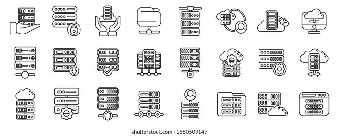  Dedicated server icons set. Set of server rack icons depicting various aspects of data management, including cloud storage, server maintenance, and data security