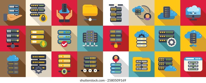  Dedicated server icons set. Server racks providing data storage, cloud computing, and network connectivity in various configurations, symbolizing digital infrastructure and online services