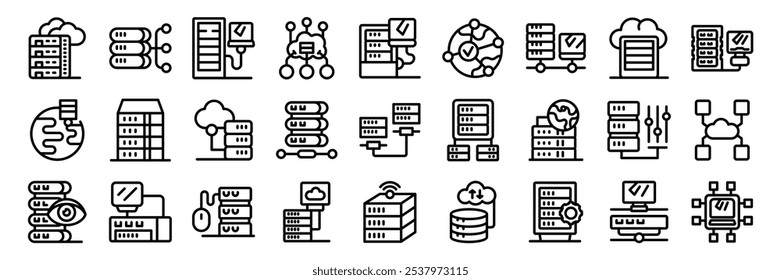 Dedicated server icons set. Servers processing data, symbolizing cloud computing, data storage, and global network connectivity