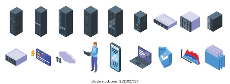 Conjunto de iconos de servidor dedicado. Administrador de sistemas que trabaja en un portátil, gestiona el almacenamiento de datos, el servidor y la computación en la nube con seguridad y análisis financiero