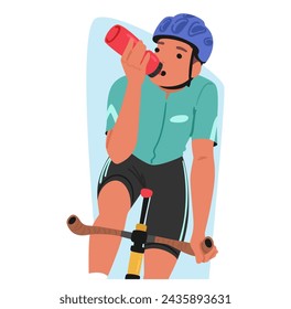 Un Deportista Ciclista Dedicado Pedalea La Bicicleta Con Gracia, Combinándose A La Perfección Con El Ritmo De La Carretera. Haciendo Una Breve Pausa Para Hidratarse, Bebe Agua Refrescante, Alimentando El Viaje. Ilustración vectorial