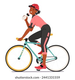 Una Dedicada Ciclista Deportiva Pedalea La Bicicleta Con Gracia, Combinándose A La Perfección Con El Ritmo De La Carretera. Haciendo Una Breve Pausa Para Hidratarse, Bebe Agua Refrescante Que Alimenta El Viaje. Ilustración vectorial