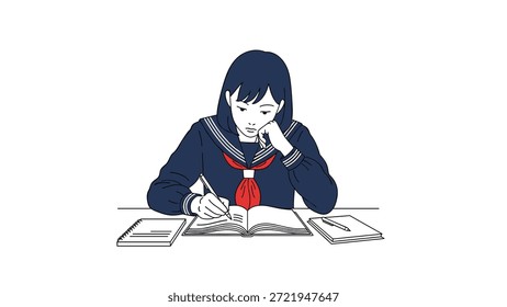Estudiante dedicada con un uniforme escolar oscuro concentrándose profundamente mientras escribe en su cuaderno en un escritorio con materiales de estudio.