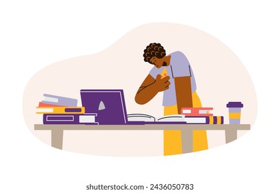 A dedicated student deeply engrossed in study with a book and laptop. Vector illustration captures the essence of academic diligence