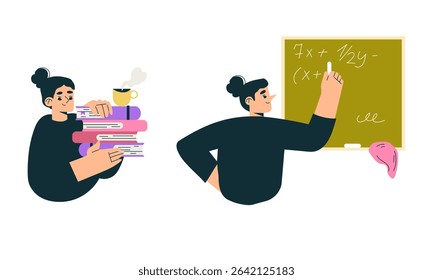 A Dedicated Student Engaged in Preparing for an Upcoming Class with Various Books and a Blackboard