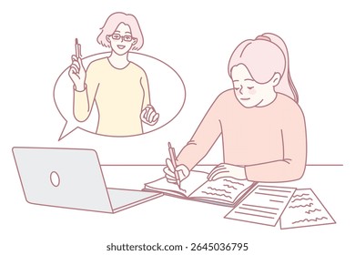 Uma aluna dedicada está intensamente concentrada em escrever anotações com eficiência enquanto frequenta uma aula virtual por meio de seu notebook