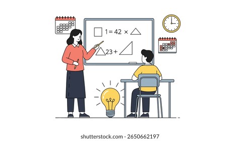 A dedicated teacher explaining complex mathematical equations to a student in a brightly lit classroom inspiring learning