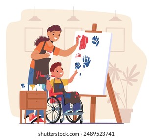 Profesor Dedicado Ayuda A Un Niño Alegre En Una Silla De Ruedas Con Una Actividad De Pintura. Personajes Creando Alegremente Huellas De Manos Coloridas En Un Grande Lienzo En Una Habitación Luminosa Y Acogedora. Ilustración de dibujos animados