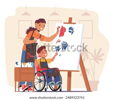 Dedicated Teacher Helps A Cheerful Child In A Wheelchair With A Painting Activity. Characters Joyfully Creating Colorful Handprints On A Large Canvas In A Bright, Welcoming Room. Cartoon Illustration