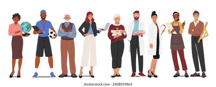 Dedicated Teachers Stand In A Row, Each An Inspiring Beacon Of Knowledge And Guidance, Ready To Shape The Minds Of Eager Learners In The Academic Journey Ahead. Cartoon People Vector Illustration