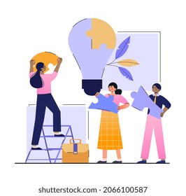 Dedicated team concept. Young Man and women hold puzzle pieces and assemble light bulb. Characters come up with new business ideas. Employee management. Cartoon modern flat vector illustration