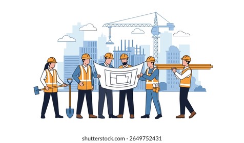 A dedicated team of construction workers collaborating on a building blueprint project