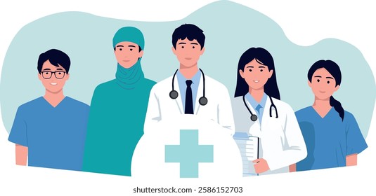 A dedicated team of healthcare professionals, including doctors, nurses, and a surgeon, stands together, symbolizing teamwork and commitment to patient care. Their presence represents the medical indu