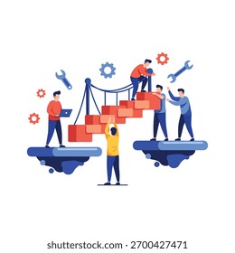 Uma equipe dedicada de pessoas colaborando para construir uma ponte entre duas plataformas, simbolizando trabalho em equipe e conexão.