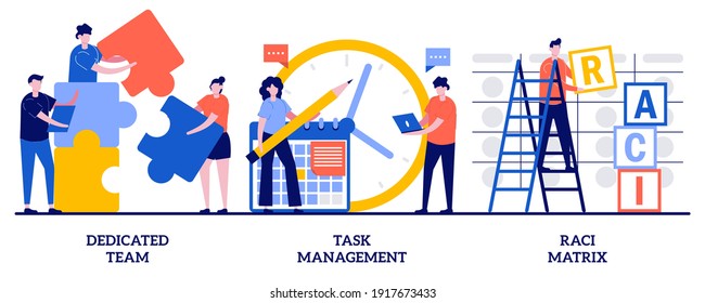 Dedicated team, task management, RACI matrix concept with tiny people. Developers team management abstract vector illustration set. Productivity online platform, responsibility chart metaphor.