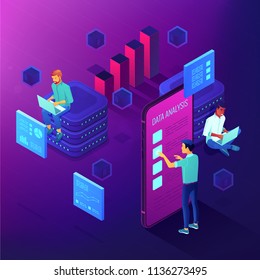 Dedicated team working on a project isometric concept. Business anlyst, front end and beck end developers implementing features. Software development on ultraviolet background. Vector 3d illustration.