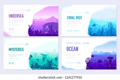 Dedicated To Undersea Vector Brochure Cards Set. Coral Reef In The Ocean Template Of Flyear, Web Banner, Ui Header, Enter Site. Invitation Concept Background. Layout Illustration Modern Slider 