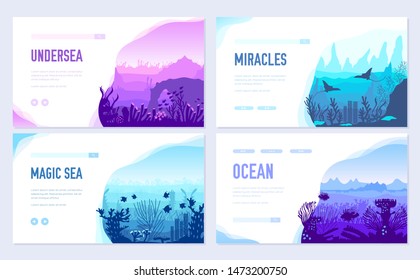 Dedicated to undersea vector brochure cards set. Coral reef in the ocean template of flyer, web banner, ui header, enter site. Invitation concept background. Layout illustration modern slider 