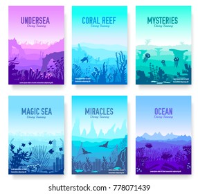 dedicated to undersea vector brochure cards set. Coral reef in the ocean template of flyear, magazines, poster, book cover, banners. invitation concept background. Layout illustration modern page