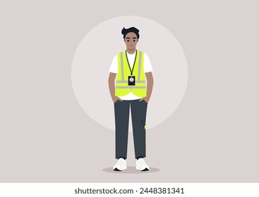 Dedicated Volunteer Ready to Assist, A character stands poised in a neon high visibility safety vest and lanyard, exuding readiness and commitment