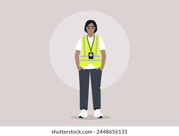 Dedicated Volunteer Ready to Assist, A character stands poised in a neon high visibility safety vest and lanyard, exuding readiness and commitment