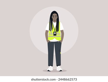 Dedicated Volunteer Ready to Assist, A character stands poised in a neon high visibility safety vest and lanyard, exuding readiness and commitment