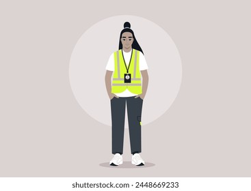 Dedicated Volunteer Ready to Assist, A character stands poised in a neon high visibility safety vest and lanyard, exuding readiness and commitment