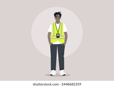 Dedicated Volunteer Ready to Assist, A character stands poised in a neon high visibility safety vest and lanyard, exuding readiness and commitment