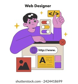 Sitios de diseño web dedicados. Un profesional experto desarrolla diseños sensibles e interfaces fáciles de usar con un toque de estética moderna. Ilustración vectorial plana